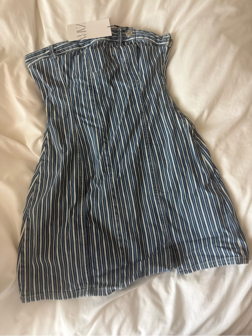 Zara Blue and White Striped Strapless Dress